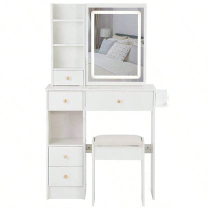 29.2 Small Size Left Drawer Desktop Vanity Table+ Cushioned Stool, 2 AC+2 USB Power Station, Hair dryer bracket, Large Control Sliding LED Mirror, Tri - color Switching, Brightness Adjust