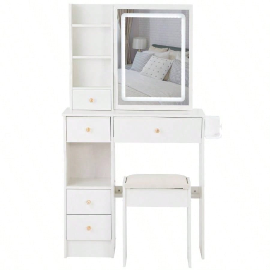 29.2 Small Size Left Drawer Desktop Vanity Table+ Cushioned Stool, 2 AC+2 USB Power Station, Hair dryer bracket, Large Control Sliding LED Mirror, Tri - color Switching, Brightness Adjust