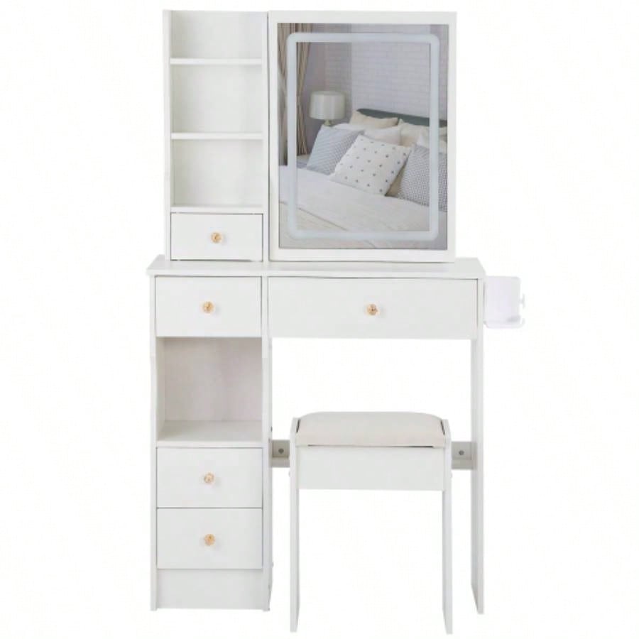 29.2 Small Size Left Drawer Desktop Vanity Table+ Cushioned Stool, 2 AC+2 USB Power Station, Hair dryer bracket, Large Control Sliding LED Mirror, Tri - color Switching, Brightness Adjust