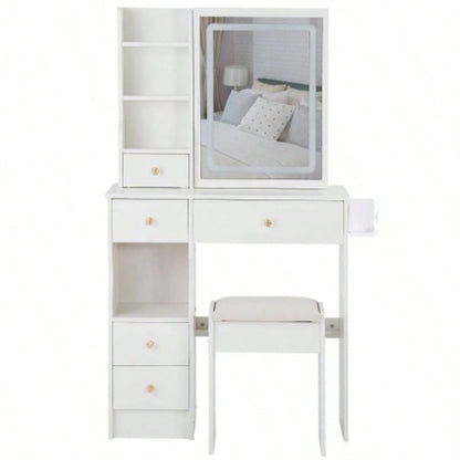 29.2 Small Size Left Drawer Desktop Vanity Table+ Cushioned Stool, 2 AC+2 USB Power Station, Hair dryer bracket, Large Control Sliding LED Mirror, Tri - color Switching, Brightness Adjust