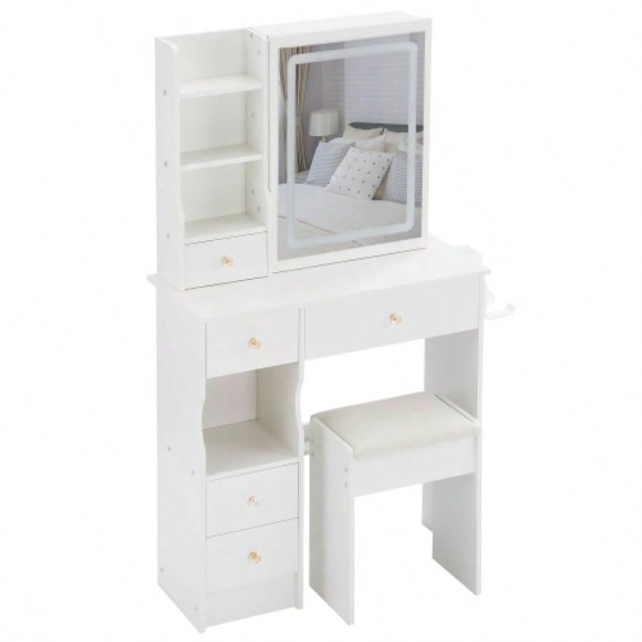29.2 Small Size Left Drawer Desktop Vanity Table+ Cushioned Stool, 2 AC+2 USB Power Station, Hair dryer bracket, Large Control Sliding LED Mirror, Tri - color Switching, Brightness Adjust