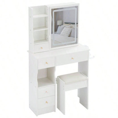 29.2 Small Size Left Drawer Desktop Vanity Table+ Cushioned Stool, 2 AC+2 USB Power Station, Hair dryer bracket, Large Control Sliding LED Mirror, Tri - color Switching, Brightness Adjust