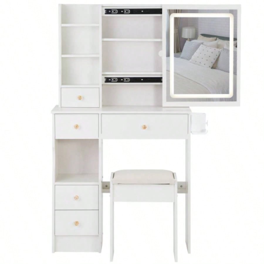 29.2 Small Size Left Drawer Desktop Vanity Table+ Cushioned Stool, 2 AC+2 USB Power Station, Hair dryer bracket, Large Control Sliding LED Mirror, Tri - color Switching, Brightness Adjust
