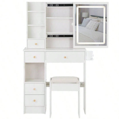 29.2 Small Size Left Drawer Desktop Vanity Table+ Cushioned Stool, 2 AC+2 USB Power Station, Hair dryer bracket, Large Control Sliding LED Mirror, Tri - color Switching, Brightness Adjust