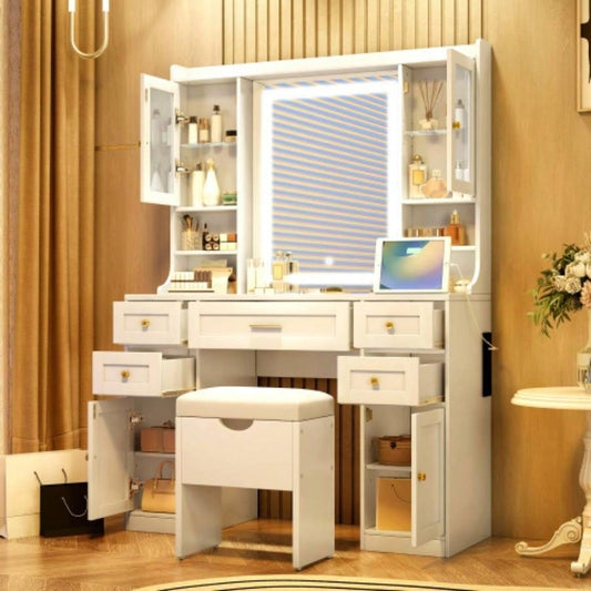 41.4 Makeup Vanity Desk with Mirror and Lights, Makeup Table with 5 Drawers and 4 Cabinets, Dressing Table with Charging Station and Cushioned Storage Stool Bedroom, White