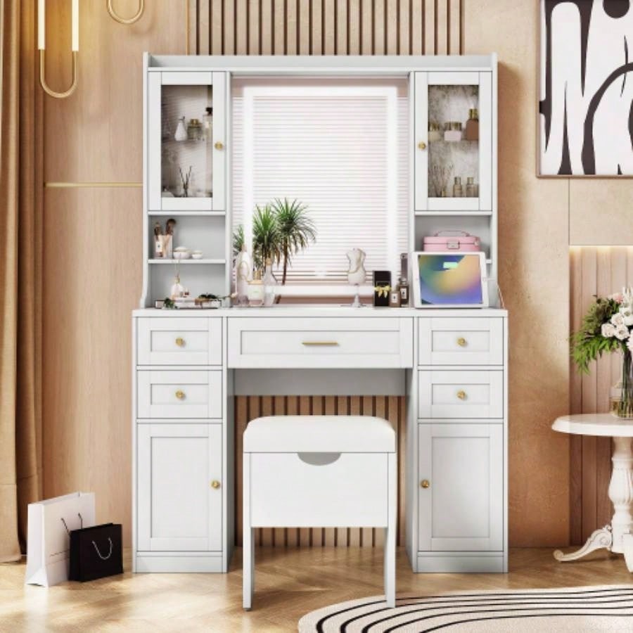 41.4 Makeup Vanity Desk with Mirror and Lights, Makeup Table with 5 Drawers and 4 Cabinets, Dressing Table with Charging Station and Cushioned Storage Stool Bedroom, White