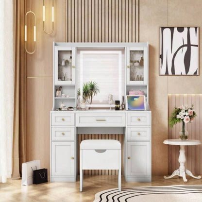 41.4 Makeup Vanity Desk with Mirror and Lights, Makeup Table with 5 Drawers and 4 Cabinets, Dressing Table with Charging Station and Cushioned Storage Stool Bedroom, White