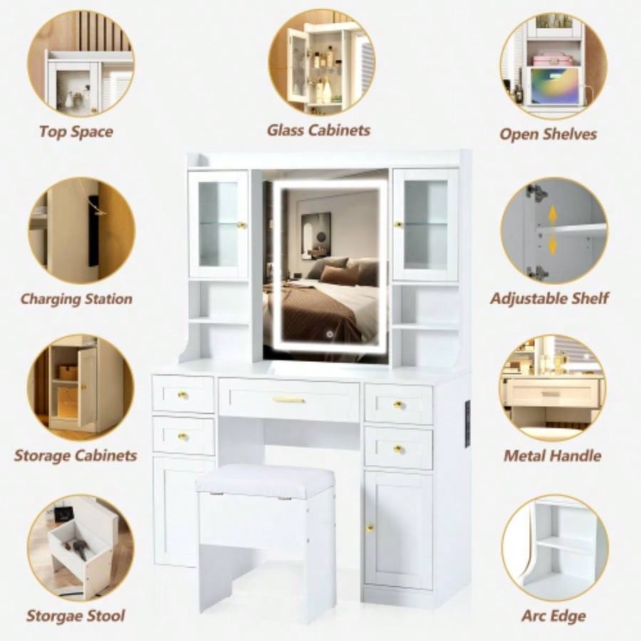 41.4 Makeup Vanity Desk with Mirror and Lights, Makeup Table with 5 Drawers and 4 Cabinets, Dressing Table with Charging Station and Cushioned Storage Stool Bedroom, White