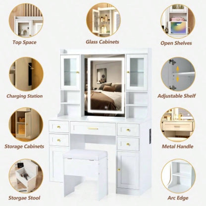 41.4 Makeup Vanity Desk with Mirror and Lights, Makeup Table with 5 Drawers and 4 Cabinets, Dressing Table with Charging Station and Cushioned Storage Stool Bedroom, White