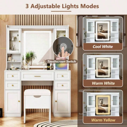 41.4 Makeup Vanity Desk with Mirror and Lights, Makeup Table with 5 Drawers and 4 Cabinets, Dressing Table with Charging Station and Cushioned Storage Stool Bedroom, White