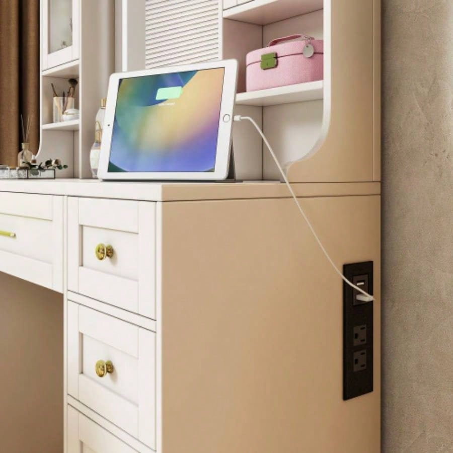 41.4 Makeup Vanity Desk with Mirror and Lights, Makeup Table with 5 Drawers and 4 Cabinets, Dressing Table with Charging Station and Cushioned Storage Stool Bedroom, White