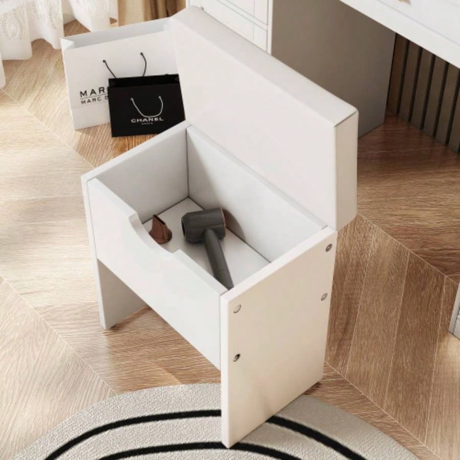 41.4 Makeup Vanity Desk with Mirror and Lights, Makeup Table with 5 Drawers and 4 Cabinets, Dressing Table with Charging Station and Cushioned Storage Stool Bedroom, White