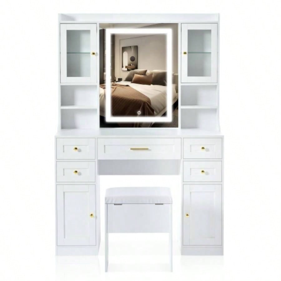 41.4 Makeup Vanity Desk with Mirror and Lights, Makeup Table with 5 Drawers and 4 Cabinets, Dressing Table with Charging Station and Cushioned Storage Stool Bedroom, White