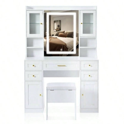 41.4 Makeup Vanity Desk with Mirror and Lights, Makeup Table with 5 Drawers and 4 Cabinets, Dressing Table with Charging Station and Cushioned Storage Stool Bedroom, White