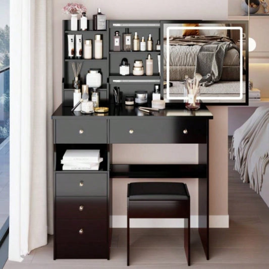 37 Middle Size Left Drawer Desktop Vanity Table+ Cushioned Stool, Large Sliding, Control, Tri - color Switching, Brightness Adjust LED Mirror, High Capacity Storage, Suitable Large Space
