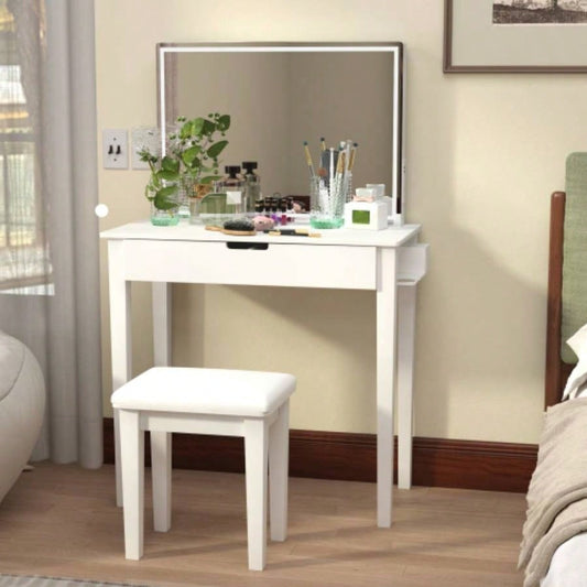 Vanity Desk Set With Mirror Makeup, Makeup Table With 1 Drawer Storage Cosmetics, Vanity Dressing Table Bedroom With Dimmable LED Light With Stool, White