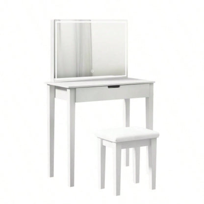 Vanity Desk Set With Mirror Makeup, Makeup Table With 1 Drawer Storage Cosmetics, Vanity Dressing Table Bedroom With Dimmable LED Light With Stool, White