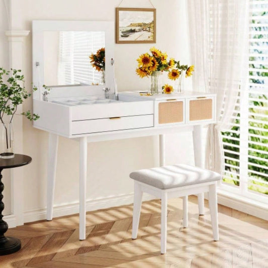 43.3 Classic Wood Makeup Vanity Set with Flip - top Mirror and Stool, Dressing Table with Three Drawers and storage space, White