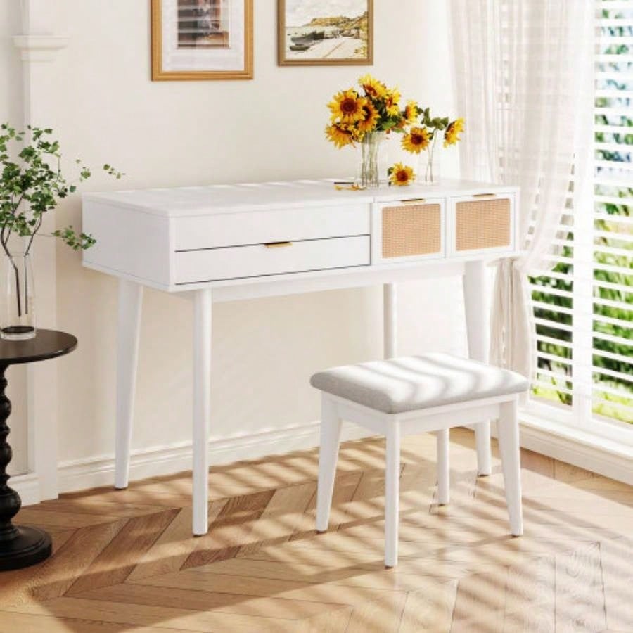 43.3 Classic Wood Makeup Vanity Set with Flip - top Mirror and Stool, Dressing Table with Three Drawers and storage space, White