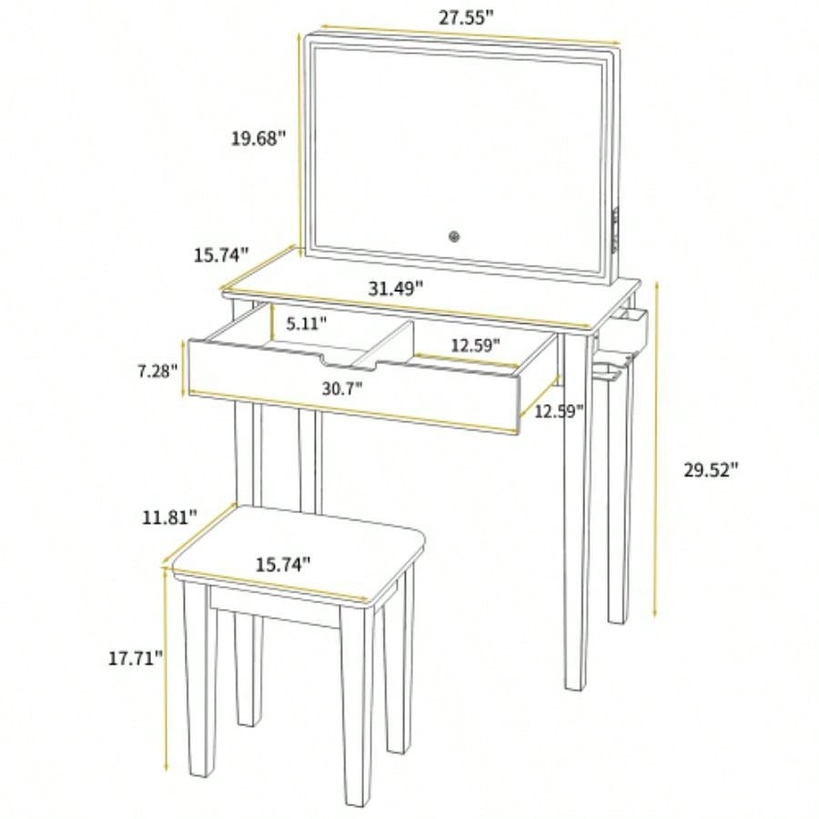 Vanity Desk Set With Mirror Makeup, Makeup Table With 1 Drawer Storage Cosmetics, Vanity Dressing Table Bedroom With Dimmable LED Light With Stool, White