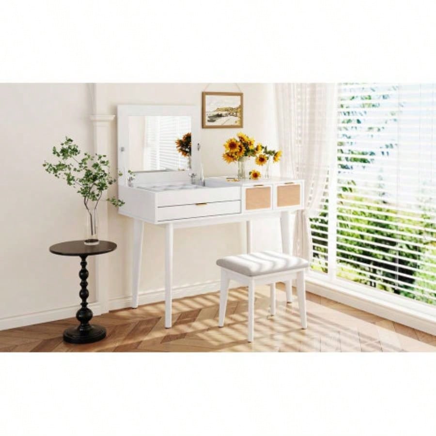 43.3 Classic Wood Makeup Vanity Set with Flip - top Mirror and Stool, Dressing Table with Three Drawers and storage space, White