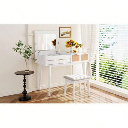 43.3 Classic Wood Makeup Vanity Set with Flip - top Mirror and Stool, Dressing Table with Three Drawers and storage space, White