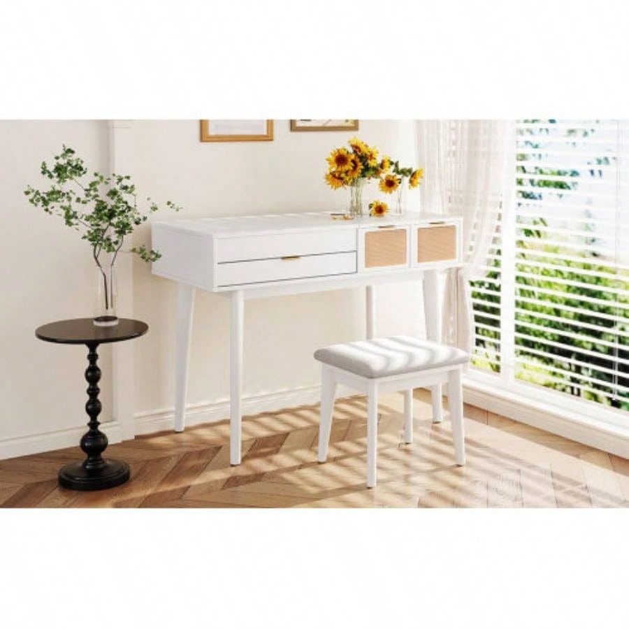 43.3 Classic Wood Makeup Vanity Set with Flip - top Mirror and Stool, Dressing Table with Three Drawers and storage space, White