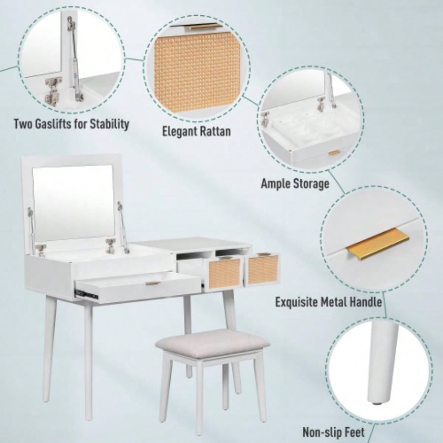 43.3 Classic Wood Makeup Vanity Set with Flip - top Mirror and Stool, Dressing Table with Three Drawers and storage space, White