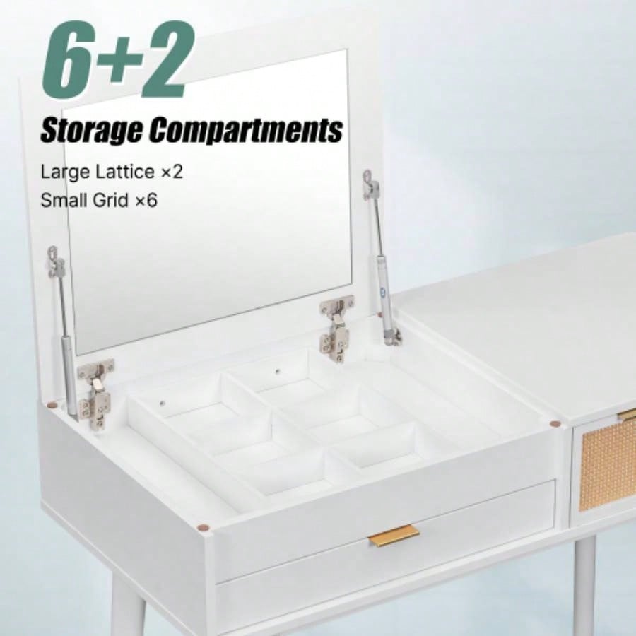 43.3 Classic Wood Makeup Vanity Set with Flip - top Mirror and Stool, Dressing Table with Three Drawers and storage space, White