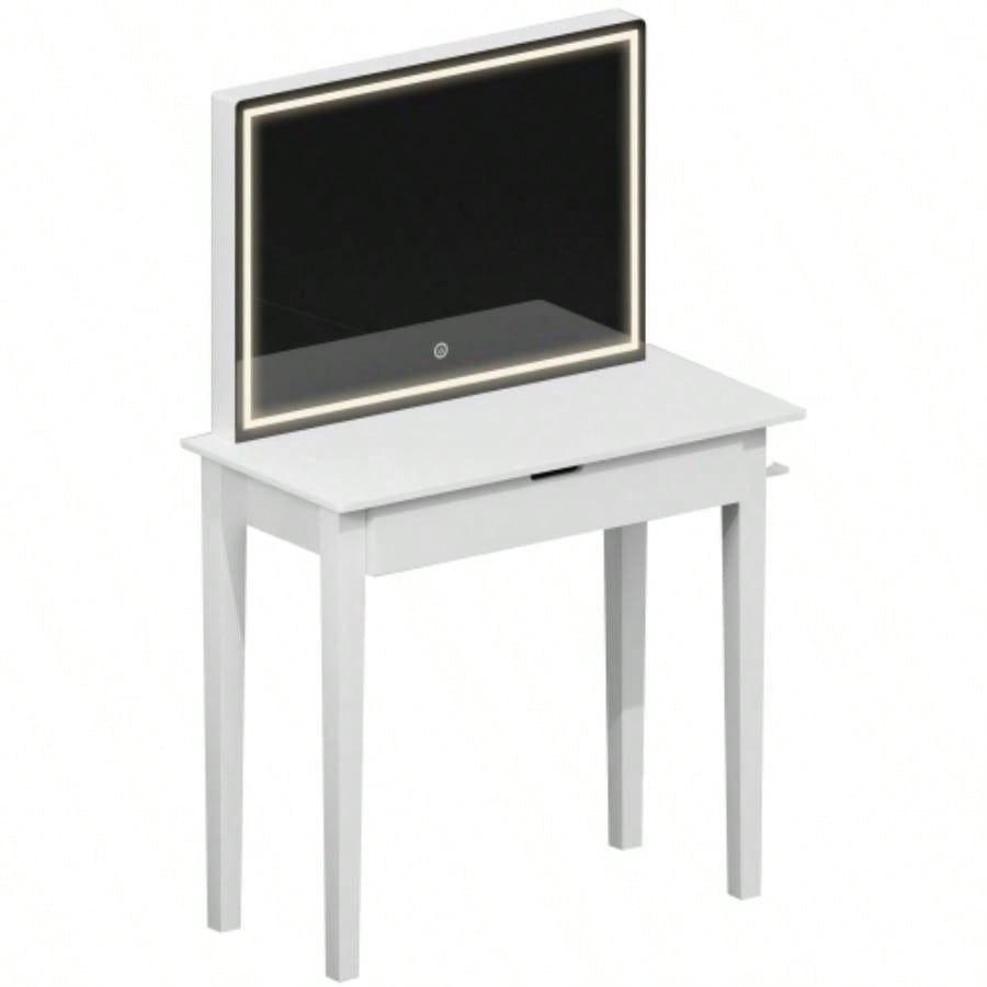 Vanity Desk Set With Mirror Makeup, Makeup Table With 1 Drawer Storage Cosmetics, Vanity Dressing Table Bedroom With Dimmable LED Light With Stool, White