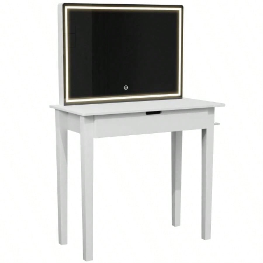 Vanity Desk Set With Mirror Makeup, Makeup Table With 1 Drawer Storage Cosmetics, Vanity Dressing Table Bedroom With Dimmable LED Light With Stool, White
