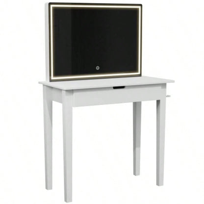 Vanity Desk Set With Mirror Makeup, Makeup Table With 1 Drawer Storage Cosmetics, Vanity Dressing Table Bedroom With Dimmable LED Light With Stool, White