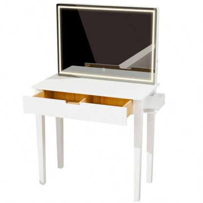 Vanity Desk Set With Mirror Makeup, Makeup Table With 1 Drawer Storage Cosmetics, Vanity Dressing Table Bedroom With Dimmable LED Light With Stool, White