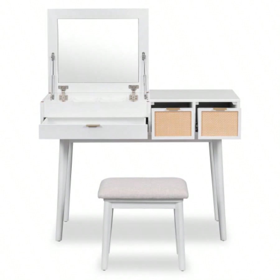 43.3 Classic Wood Makeup Vanity Set with Flip - top Mirror and Stool, Dressing Table with Three Drawers and storage space, White