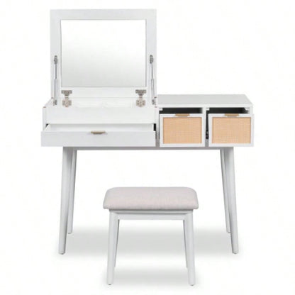 43.3 Classic Wood Makeup Vanity Set with Flip - top Mirror and Stool, Dressing Table with Three Drawers and storage space, White