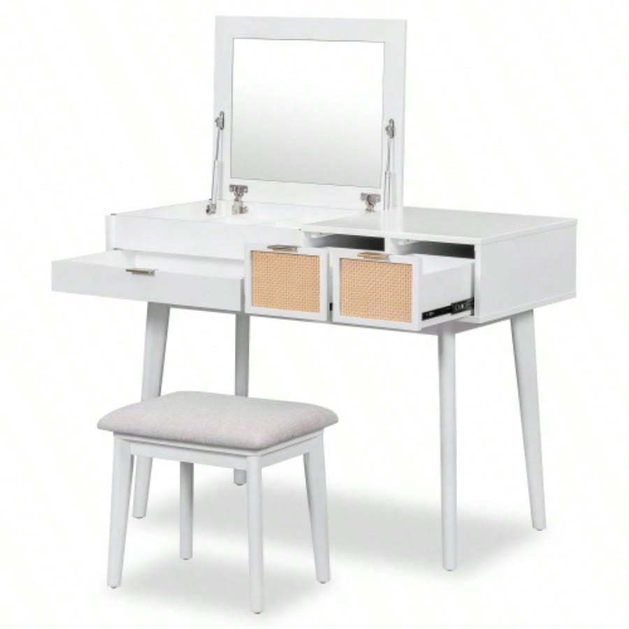 43.3 Classic Wood Makeup Vanity Set with Flip - top Mirror and Stool, Dressing Table with Three Drawers and storage space, White