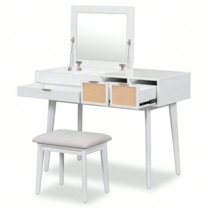 43.3 Classic Wood Makeup Vanity Set with Flip - top Mirror and Stool, Dressing Table with Three Drawers and storage space, White
