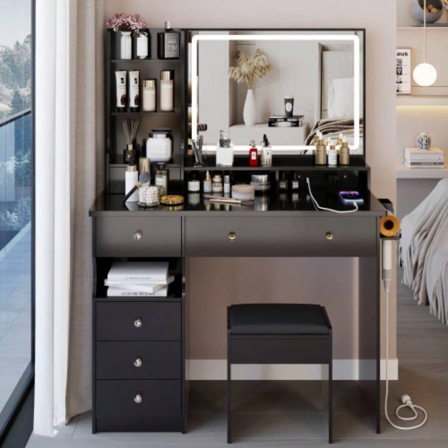 41 Large Size Left Drawer Desktop Vanity Table+Cushioned Stool Dresser Set, 2 AC+2 USB Power Station, Large Control LED Mirror, 3 - color Switch, EPA, GCC, Certificate
