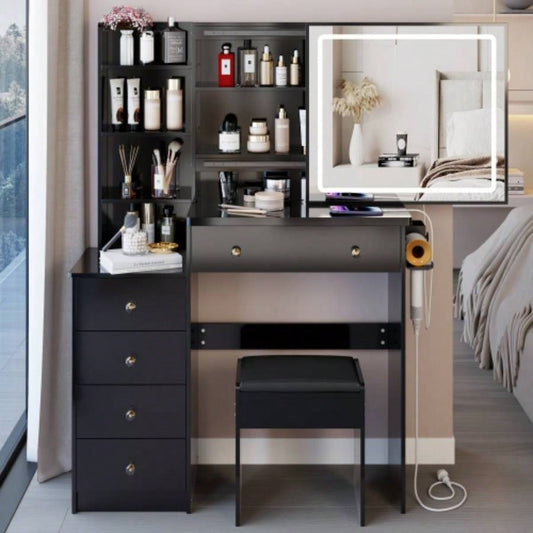 37 Middle Size Left Bedside Cabinet Vanity Table+ Cushioned Stool Dresser Set, 2 AC+2 USB Socket, Large Control LED Sliding Mirror, 3 - color Switch, EPA, GCC, Certificate