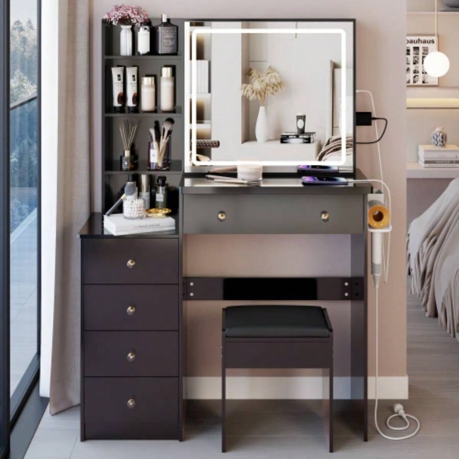 37 Middle Size Left Bedside Cabinet Vanity Table+ Cushioned Stool Dresser Set, 2 AC+2 USB Socket, Large Control LED Sliding Mirror, 3 - color Switch, EPA, GCC, Certificate