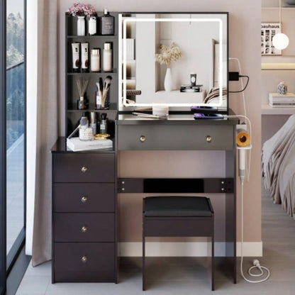 37 Middle Size Left Bedside Cabinet Vanity Table+ Cushioned Stool Dresser Set, 2 AC+2 USB Socket, Large Control LED Sliding Mirror, 3 - color Switch, EPA, GCC, Certificate