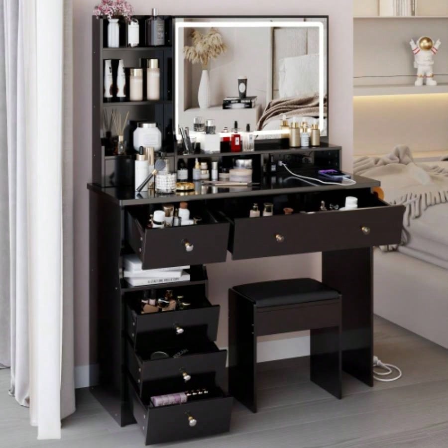 41 Large Size Left Drawer Desktop Vanity Table+Cushioned Stool Dresser Set, 2 AC+2 USB Power Station, Large Control LED Mirror, 3 - color Switch, EPA, GCC, Certificate