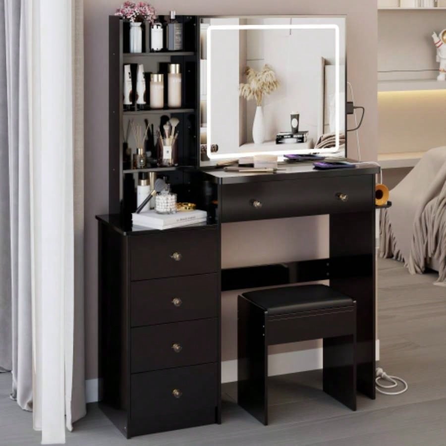 37 Middle Size Left Bedside Cabinet Vanity Table+ Cushioned Stool Dresser Set, 2 AC+2 USB Socket, Large Control LED Sliding Mirror, 3 - color Switch, EPA, GCC, Certificate