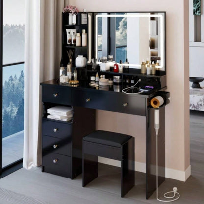 41 Large Size Left Drawer Desktop Vanity Table+Cushioned Stool Dresser Set, 2 AC+2 USB Power Station, Large Control LED Mirror, 3 - color Switch, EPA, GCC, Certificate