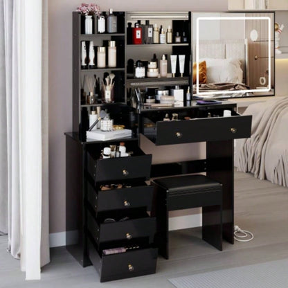 37 Middle Size Left Bedside Cabinet Vanity Table+ Cushioned Stool Dresser Set, 2 AC+2 USB Socket, Large Control LED Sliding Mirror, 3 - color Switch, EPA, GCC, Certificate