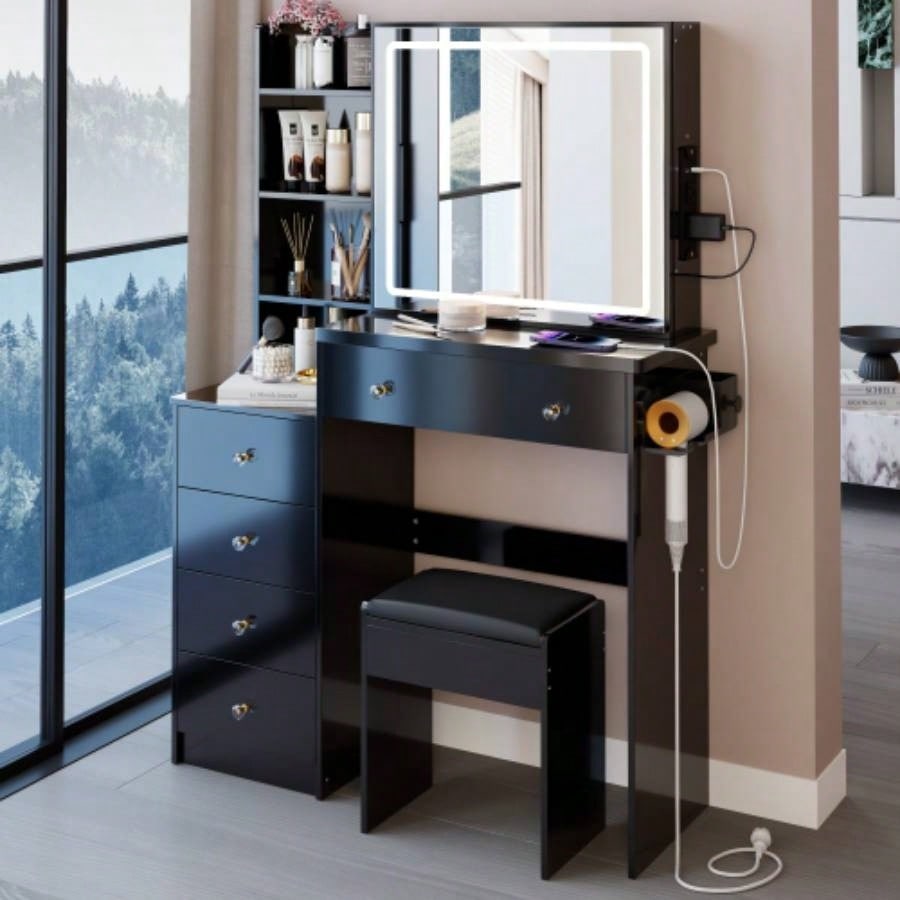 37 Middle Size Left Bedside Cabinet Vanity Table+ Cushioned Stool Dresser Set, 2 AC+2 USB Socket, Large Control LED Sliding Mirror, 3 - color Switch, EPA, GCC, Certificate