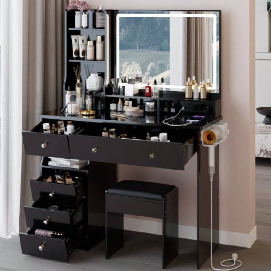 41 Large Size Left Drawer Desktop Vanity Table+Cushioned Stool Dresser Set, 2 AC+2 USB Power Station, Large Control LED Mirror, 3 - color Switch, EPA, GCC, Certificate