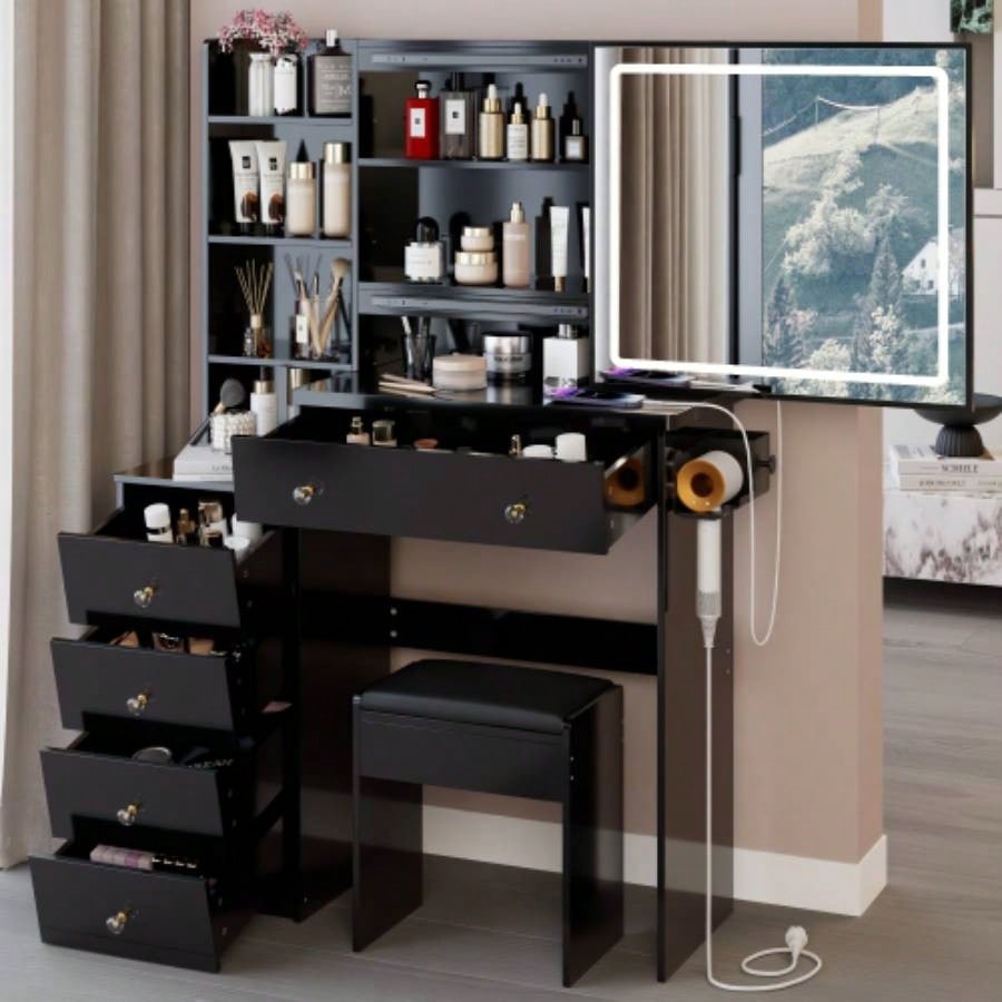 37 Middle Size Left Bedside Cabinet Vanity Table+ Cushioned Stool Dresser Set, 2 AC+2 USB Socket, Large Control LED Sliding Mirror, 3 - color Switch, EPA, GCC, Certificate