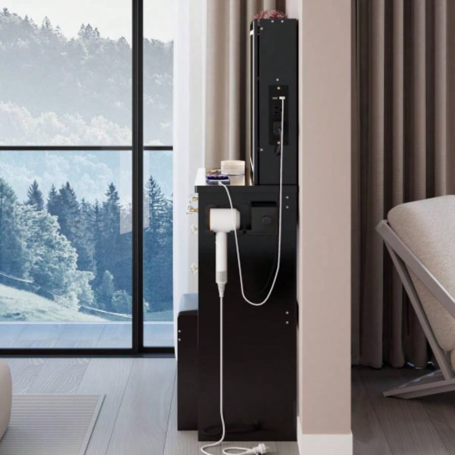 37 Middle Size Left Bedside Cabinet Vanity Table+ Cushioned Stool Dresser Set, 2 AC+2 USB Socket, Large Control LED Sliding Mirror, 3 - color Switch, EPA, GCC, Certificate