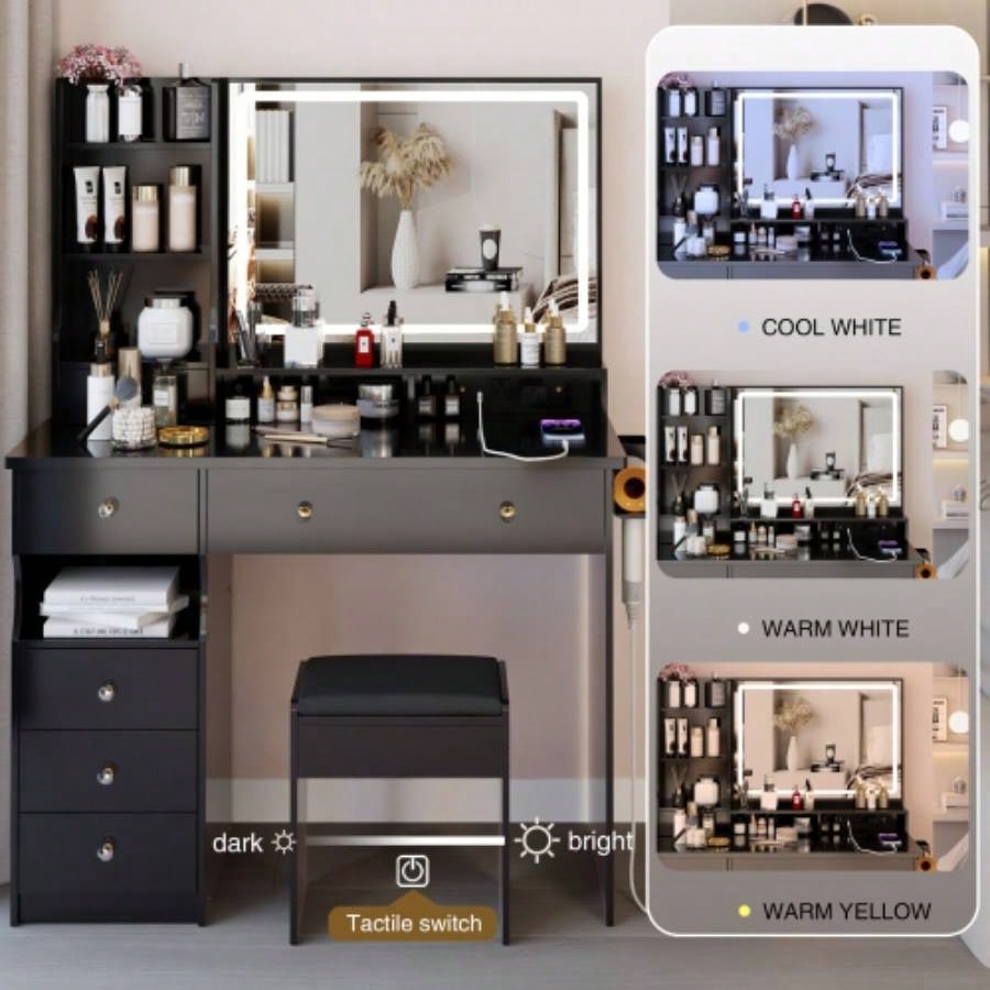 41 Large Size Left Drawer Desktop Vanity Table+Cushioned Stool Dresser Set, 2 AC+2 USB Power Station, Large Control LED Mirror, 3 - color Switch, EPA, GCC, Certificate